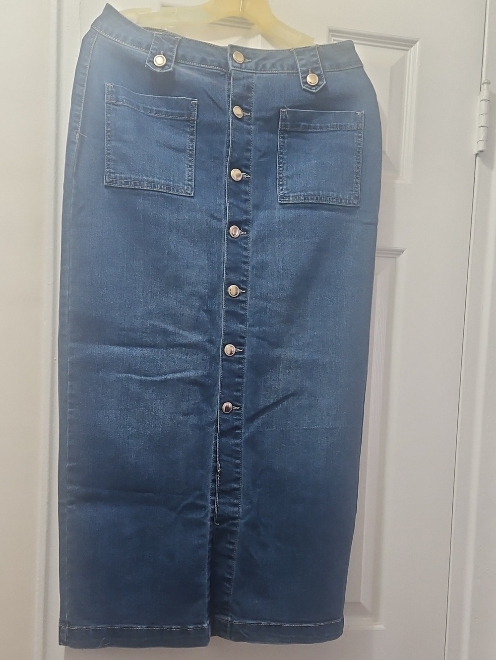 Button-Front Denim Midi Skirt in Blue